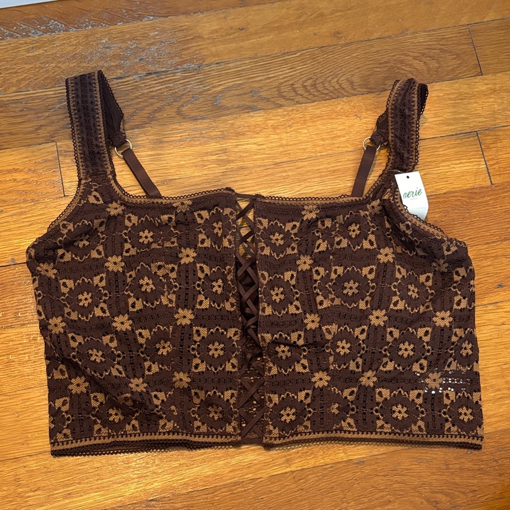 Aerie Brown Floral Lace Crop Top